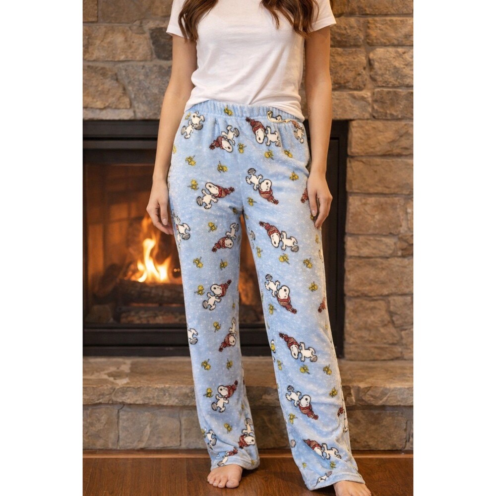 Peanuts Snoopy Velour Pajama Pants Blue Mink Fleece Lounge Sleepwear Size Large